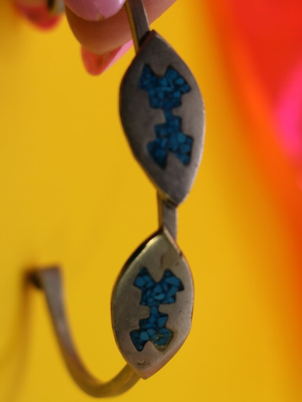 Alpaca Silver (Silver Colored Alloy) Vintage Cuff Bracelet W/ Blue Mosaic Inlay - Picture 3 of 5